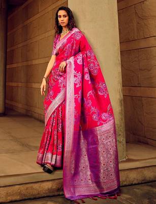 pink ethnic motifs woven design zari satin banarasi saree 3