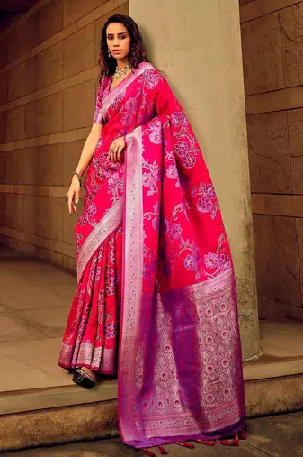 pink ethnic motifs woven design zari satin banarasi saree
