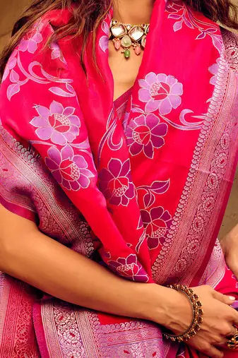 pink ethnic motifs woven design zari satin banarasi saree