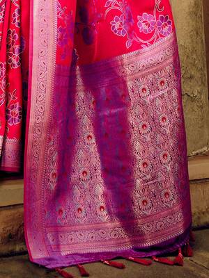 pink ethnic motifs woven design zari satin banarasi saree 5