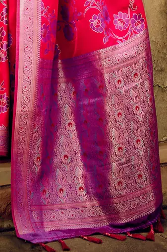 pink ethnic motifs woven design zari satin banarasi saree