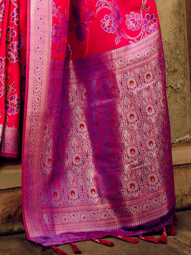 pink ethnic motifs woven design zari satin banarasi saree