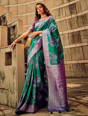 green ethnic motifs woven design zari satin banarasi saree 1