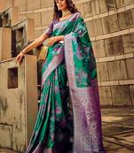 green ethnic motifs woven design zari satin banarasi saree