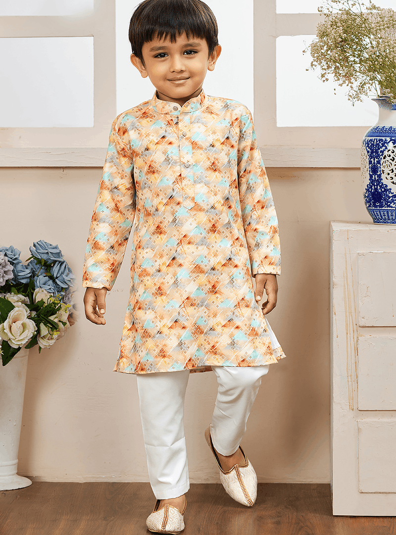 boys abstract ikat printed cotton kurta pajama set