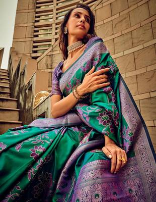 green ethnic motifs woven design zari satin banarasi saree 2