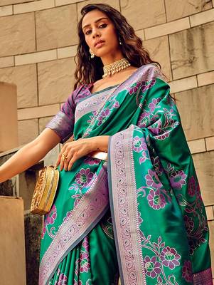green ethnic motifs woven design zari satin banarasi saree 3