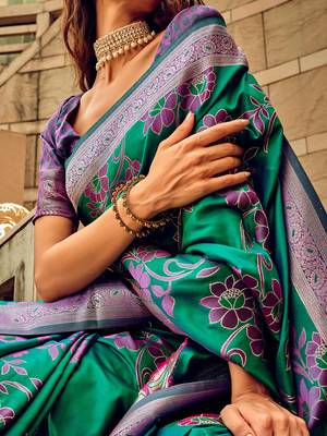 green ethnic motifs woven design zari satin banarasi saree 4