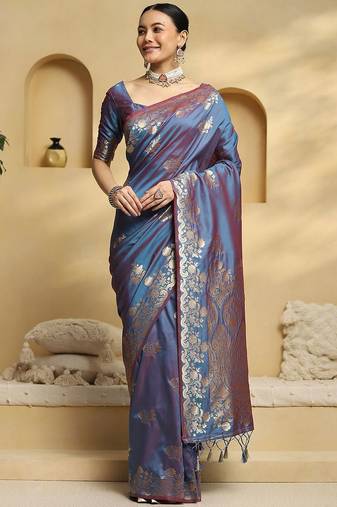blue ethnic motifs woven design zari soft silk banarasi saree