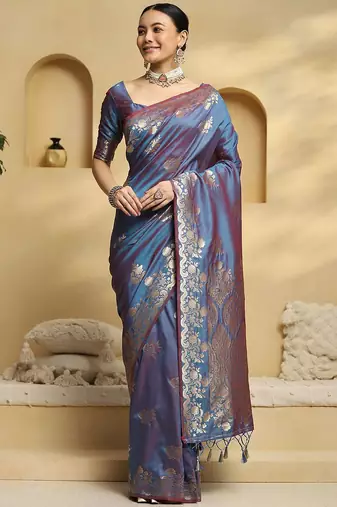 blue ethnic motifs woven design zari soft silk banarasi saree