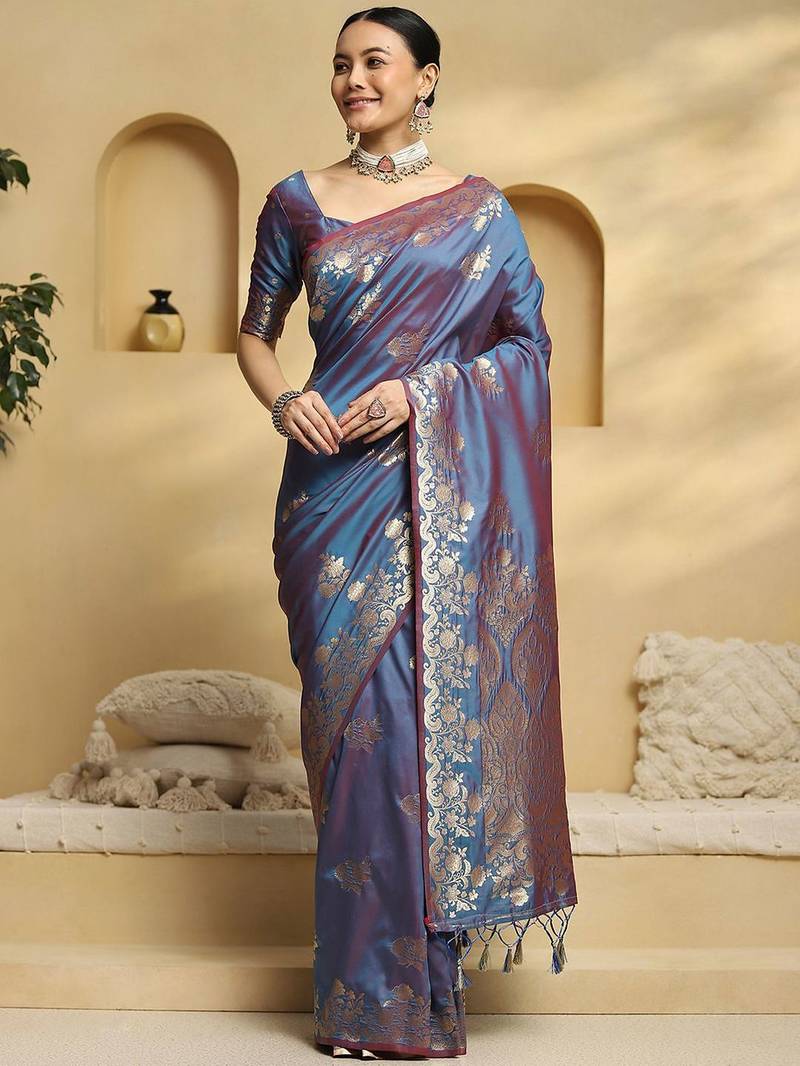 blue ethnic motifs woven design zari soft silk banarasi saree