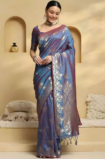 blue ethnic motifs woven design zari soft silk banarasi saree