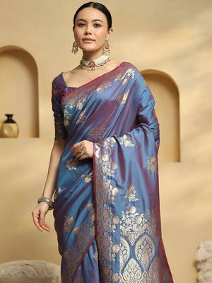 blue ethnic motifs woven design zari soft silk banarasi saree 4