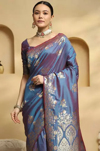 blue ethnic motifs woven design zari soft silk banarasi saree