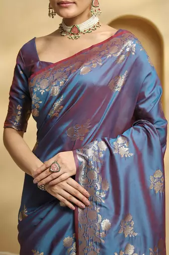 blue ethnic motifs woven design zari soft silk banarasi saree