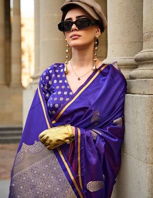 purple purple paisley printed satin zari banarasi saree 1