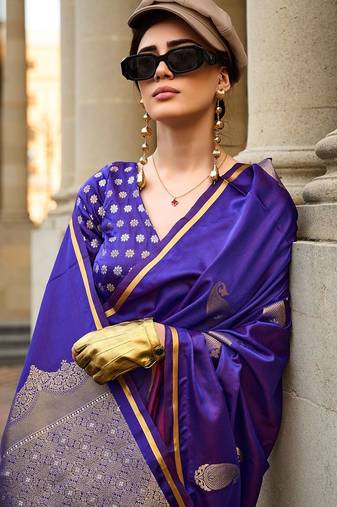 purple purple paisley printed satin zari banarasi saree