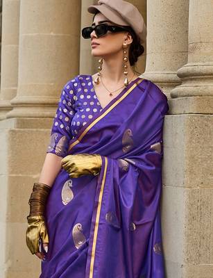 purple purple paisley printed satin zari banarasi saree 2