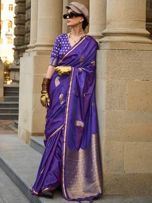purple purple paisley printed satin zari banarasi saree 3