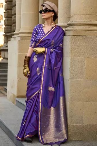 purple purple paisley printed satin zari banarasi saree