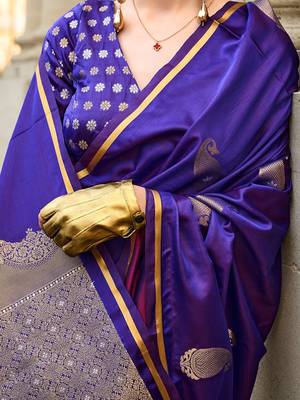 purple purple paisley printed satin zari banarasi saree 4