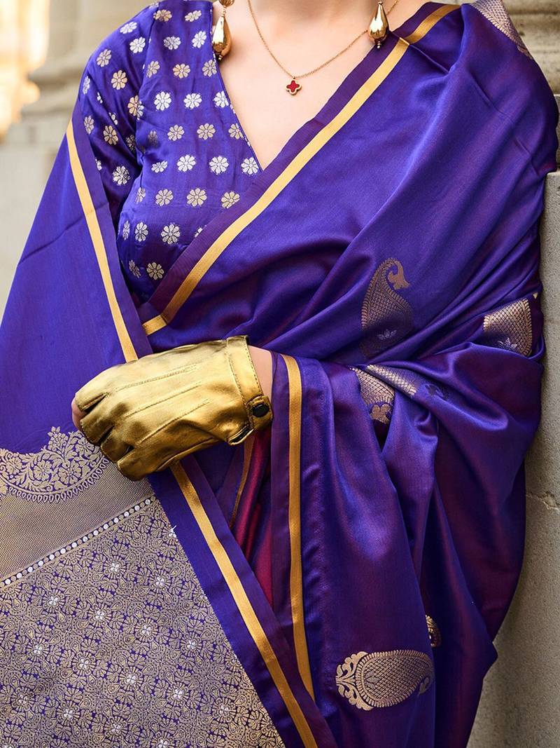 purple purple paisley printed satin zari banarasi saree