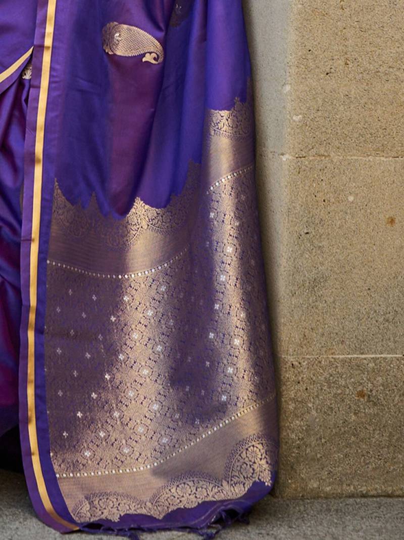 purple purple paisley printed satin zari banarasi saree