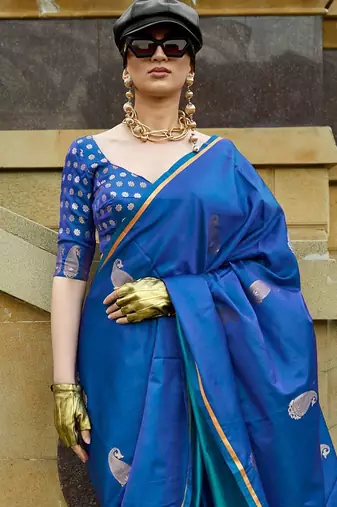 blue paisley blue & gold toned paisley woven design zari satin banarasi saree