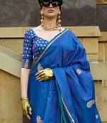 blue paisley blue & gold toned paisley woven design zari satin banarasi saree