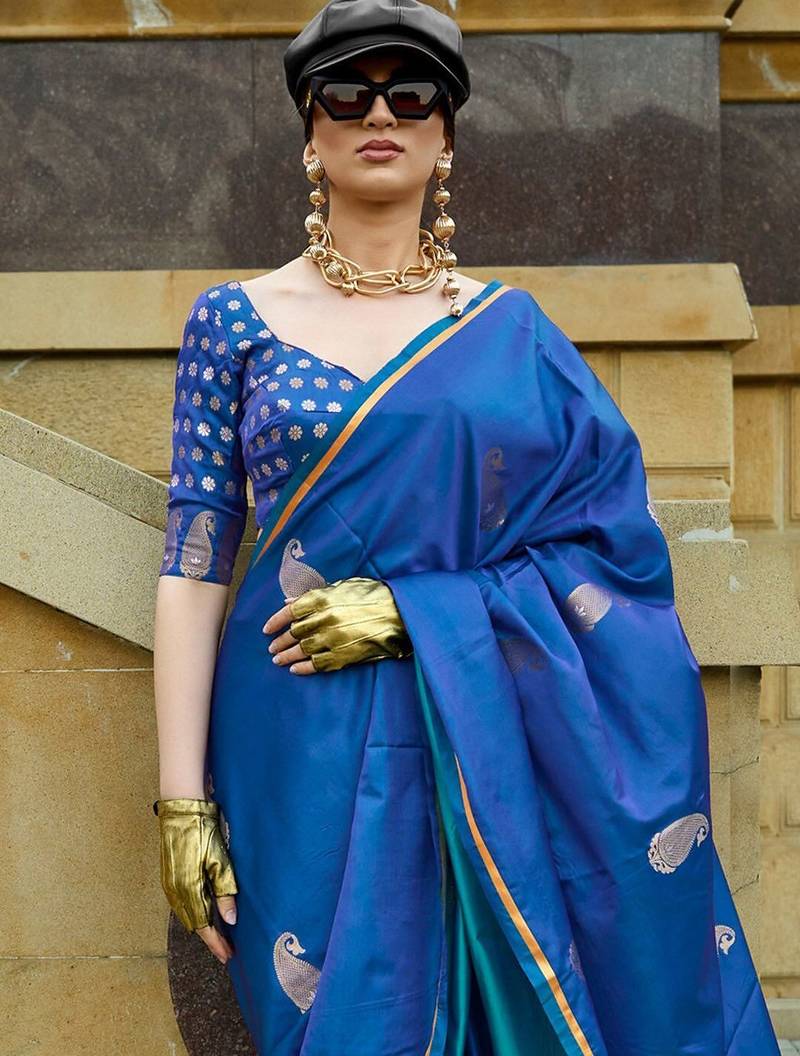 blue paisley blue & gold toned paisley woven design zari satin banarasi saree