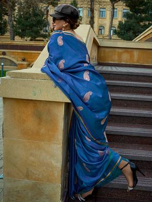 blue paisley blue & gold toned paisley woven design zari satin banarasi saree 2