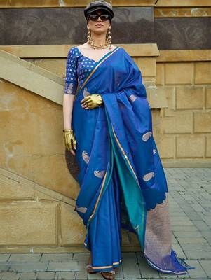 blue paisley blue & gold toned paisley woven design zari satin banarasi saree 3