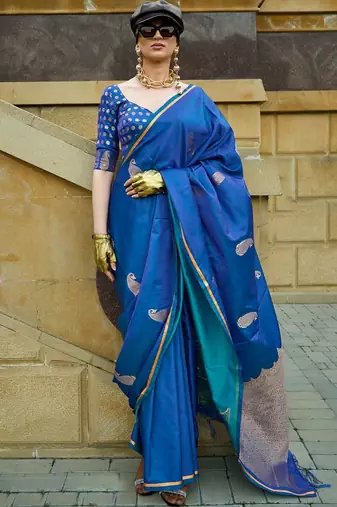 blue paisley blue & gold toned paisley woven design zari satin banarasi saree