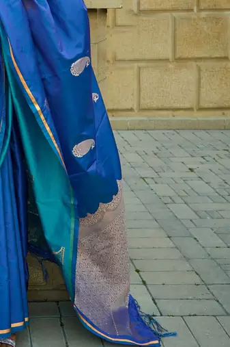 blue paisley blue & gold toned paisley woven design zari satin banarasi saree