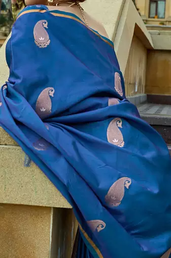 blue paisley blue & gold toned paisley woven design zari satin banarasi saree