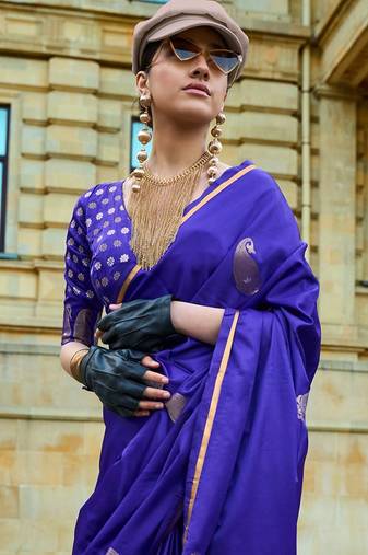 purple purple and gold-toned paisley woven design zari banarasi saree