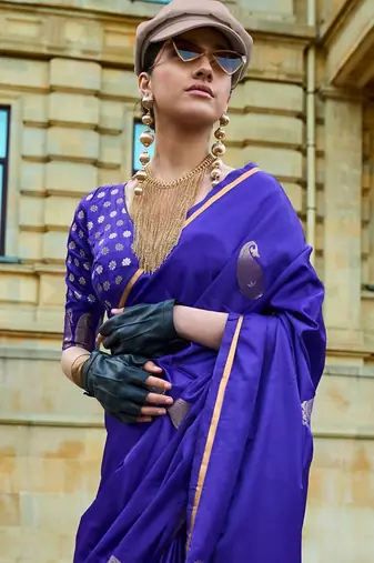 purple purple and gold-toned paisley woven design zari banarasi saree
