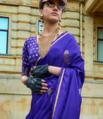 purple purple and gold-toned paisley woven design zari banarasi saree