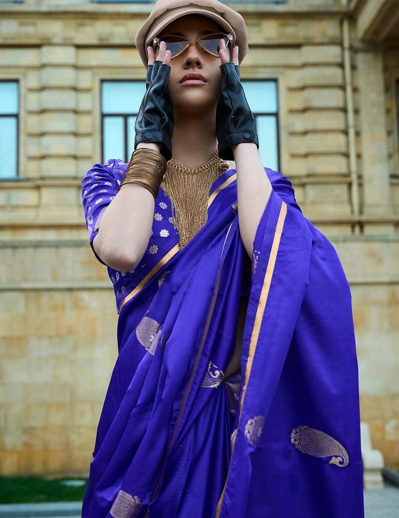 purple purple and gold-toned paisley woven design zari banarasi saree