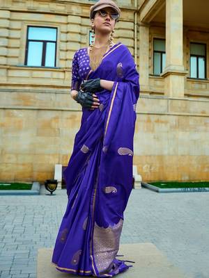 purple purple and gold-toned paisley woven design zari banarasi saree 3