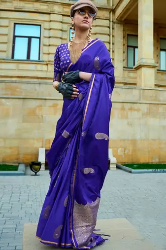 purple purple and gold-toned paisley woven design zari banarasi saree