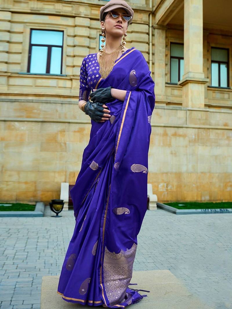 purple purple and gold-toned paisley woven design zari banarasi saree