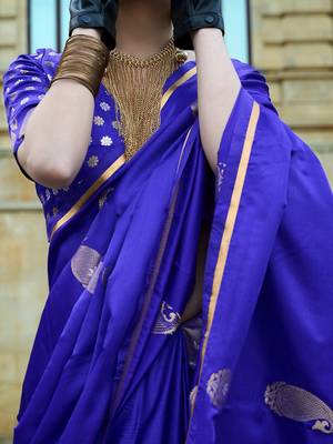purple purple and gold-toned paisley woven design zari banarasi saree 4