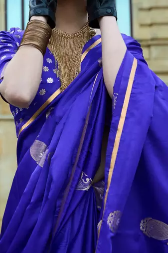 purple purple and gold-toned paisley woven design zari banarasi saree