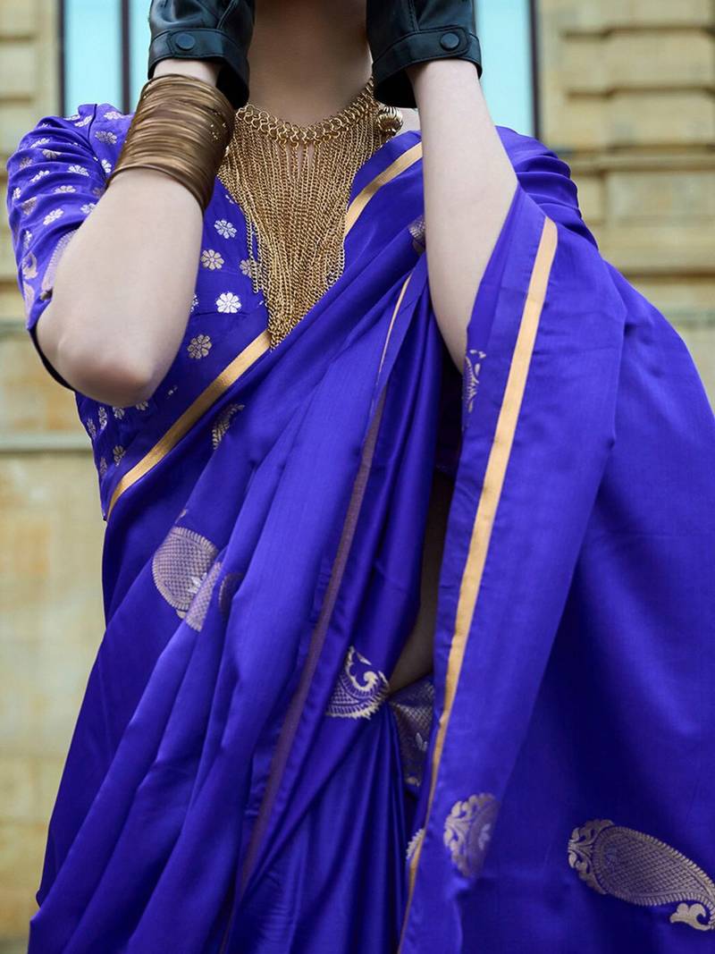 purple purple and gold-toned paisley woven design zari banarasi saree