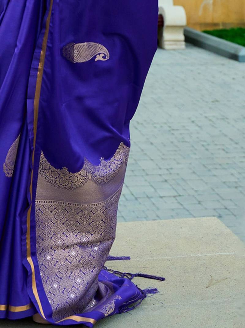 purple purple and gold-toned paisley woven design zari banarasi saree