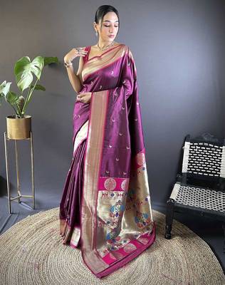 purple woven design zari silk blend paithani saree 1
