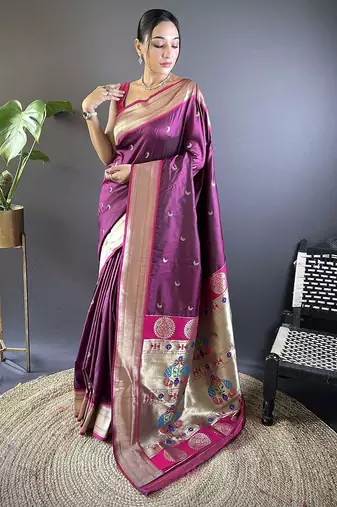 purple woven design zari silk blend paithani saree