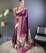 purple woven design zari silk blend paithani saree