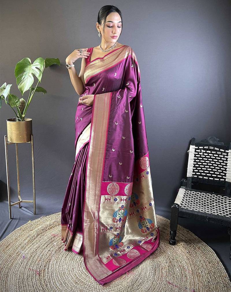 purple woven design zari silk blend paithani saree